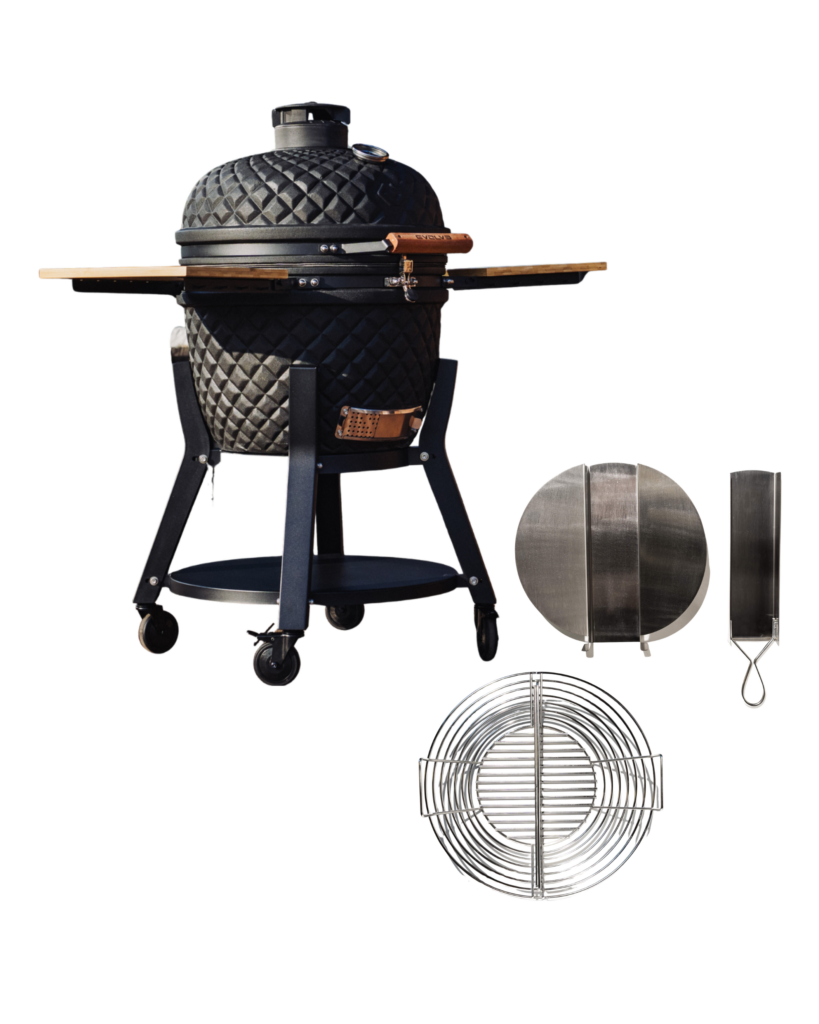 Evolve Ultra Series „The Beast“ Kamado Easy Clean SET: масички от бамбук + количка от висок клас